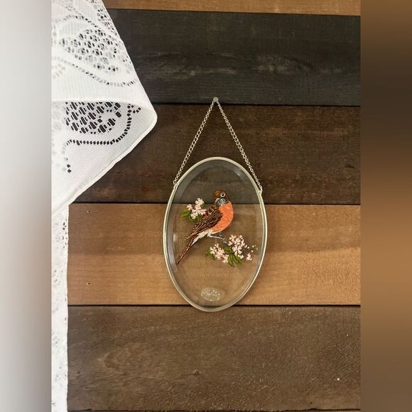 Vintage Bird Lyford Robin Sun Catcher Beveled Glass Window Hanging Floral Design - Picture 6 of 8